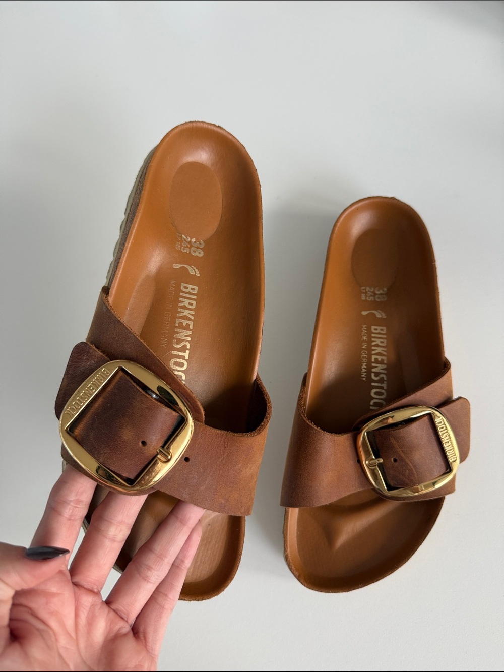 Birkenstock Madrid Single Buckle Slide Sandal - Cognac Brown with Gold Buckle - Picture 2 of 3